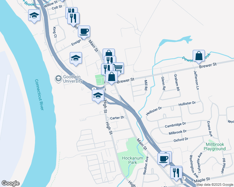map of restaurants, bars, coffee shops, grocery stores, and more near 265 Main Street in East Hartford