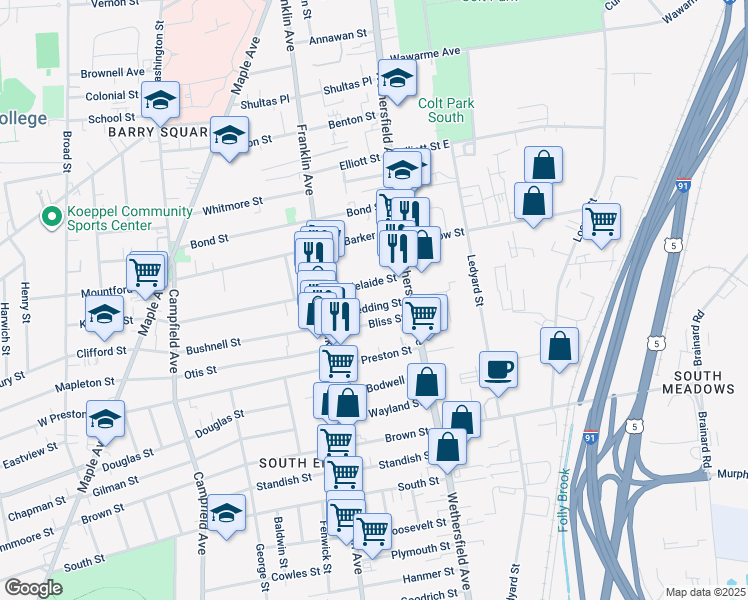 map of restaurants, bars, coffee shops, grocery stores, and more near 20 Redding Street in Hartford