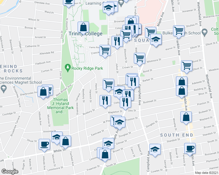 map of restaurants, bars, coffee shops, grocery stores, and more near in Hartford