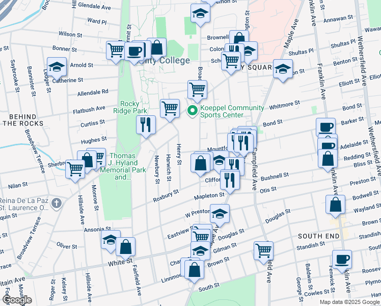 map of restaurants, bars, coffee shops, grocery stores, and more near 58 Henry Street in Hartford