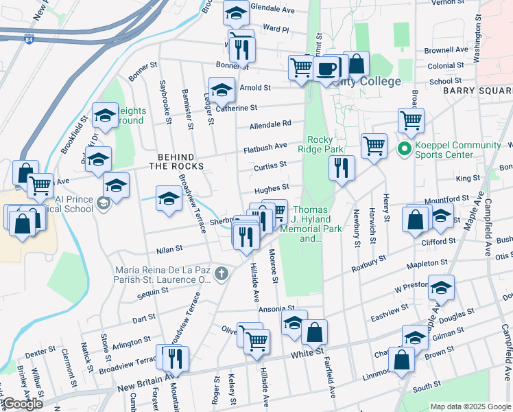 map of restaurants, bars, coffee shops, grocery stores, and more near 346 Hillside Avenue in Hartford