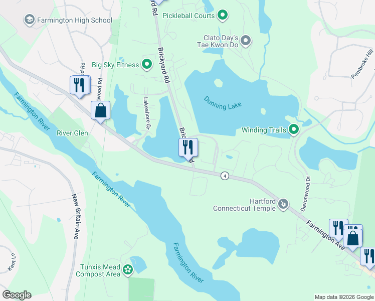 map of restaurants, bars, coffee shops, grocery stores, and more near 17 Brickyard Road in Farmington