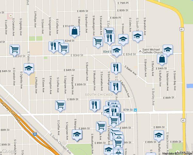 map of restaurants, bars, coffee shops, grocery stores, and more near 8423 South Muskegon Avenue in Chicago