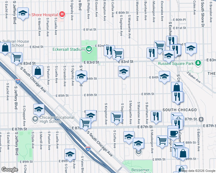map of restaurants, bars, coffee shops, grocery stores, and more near 8420 South Kingston Avenue in Chicago