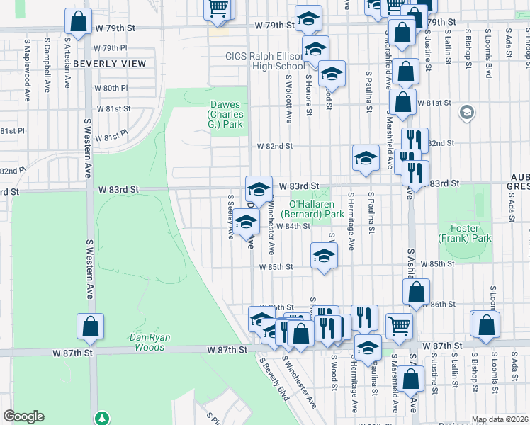 map of restaurants, bars, coffee shops, grocery stores, and more near 8330 South Winchester Avenue in Chicago