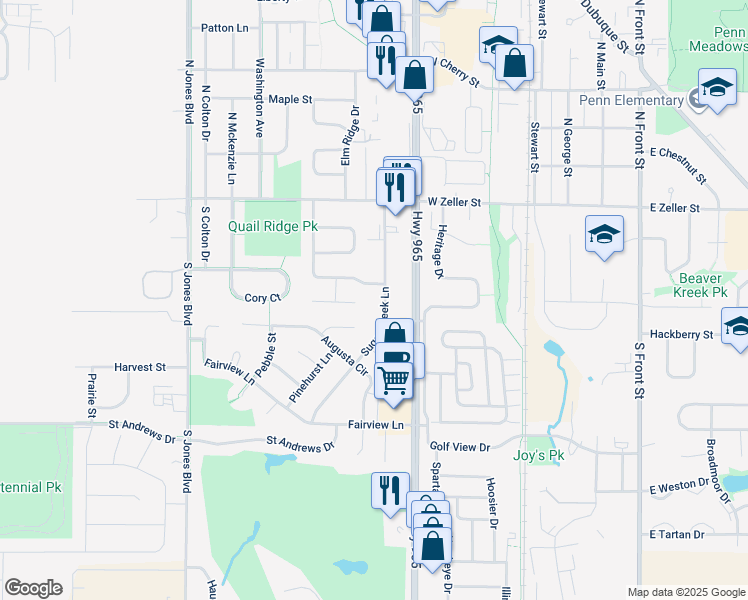 map of restaurants, bars, coffee shops, grocery stores, and more near 225 Sugar Creek Lane in North Liberty