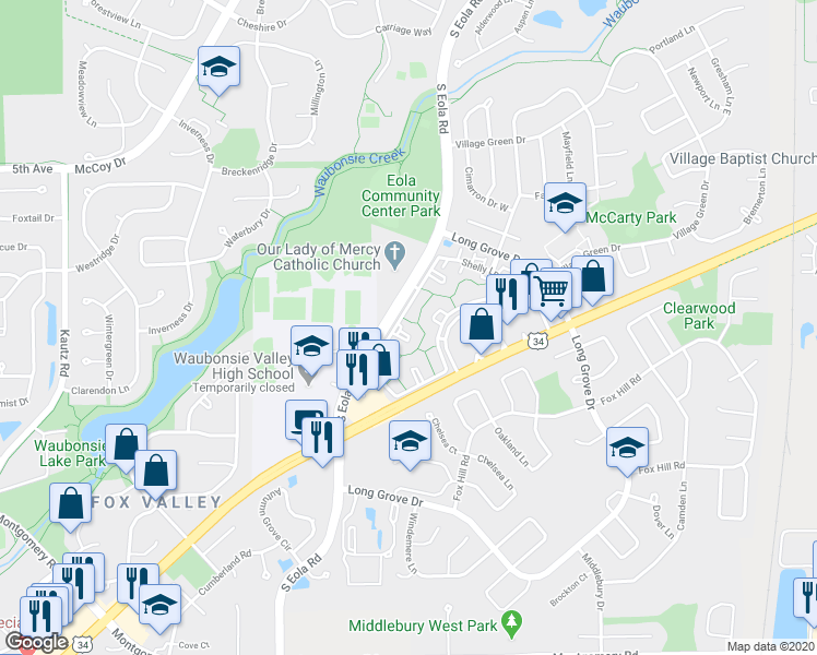 map of restaurants, bars, coffee shops, grocery stores, and more near 2692 Village Green Drive in Aurora