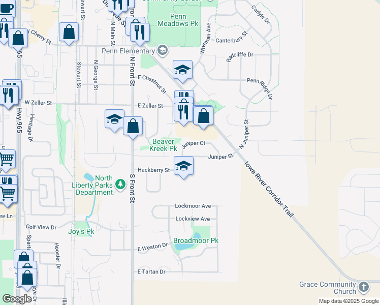 map of restaurants, bars, coffee shops, grocery stores, and more near 130 Juniper Court in North Liberty
