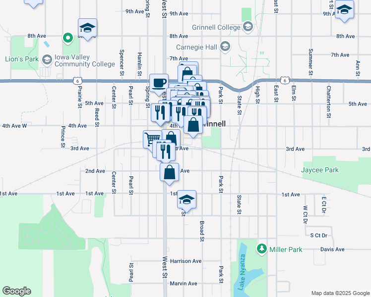 map of restaurants, bars, coffee shops, grocery stores, and more near 804 Commercial Street in Grinnell