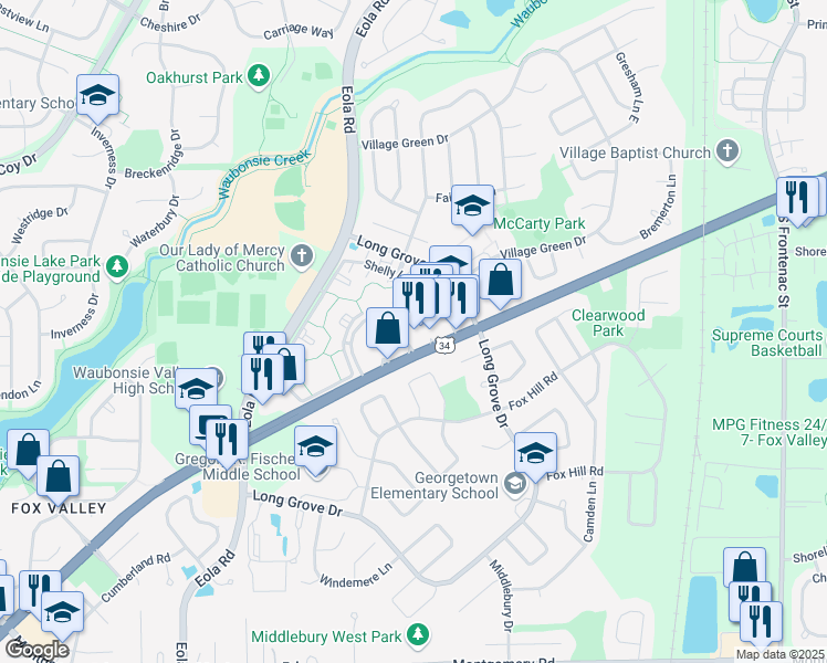 map of restaurants, bars, coffee shops, grocery stores, and more near 2904 Ogden Avenue in Aurora