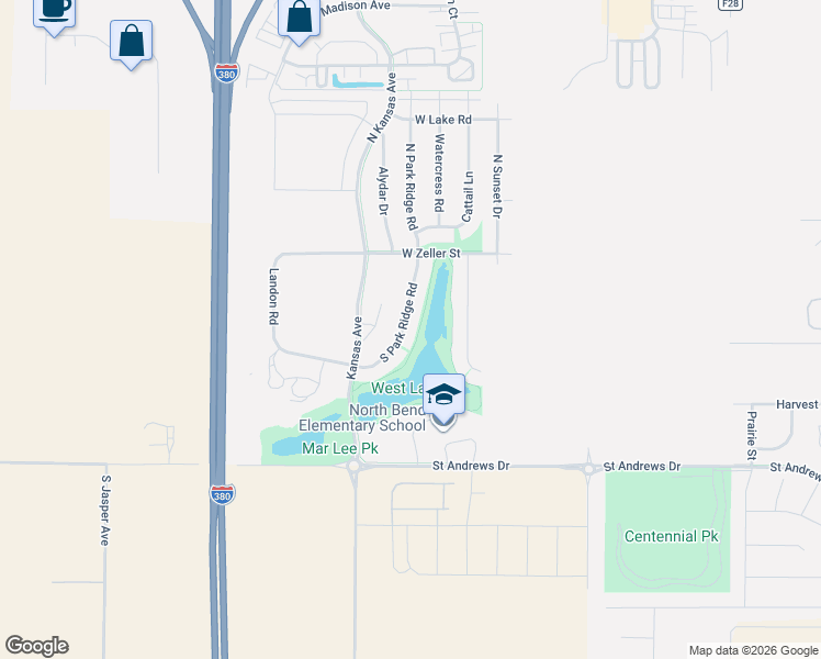 map of restaurants, bars, coffee shops, grocery stores, and more near 152 South Park Ridge Road in North Liberty
