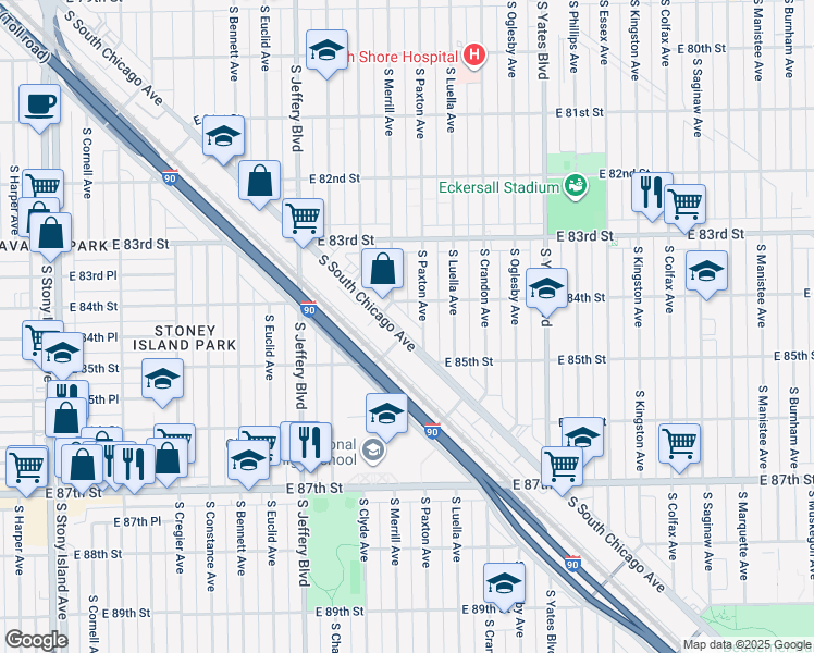 map of restaurants, bars, coffee shops, grocery stores, and more near 8449 South South Chicago Avenue in Chicago
