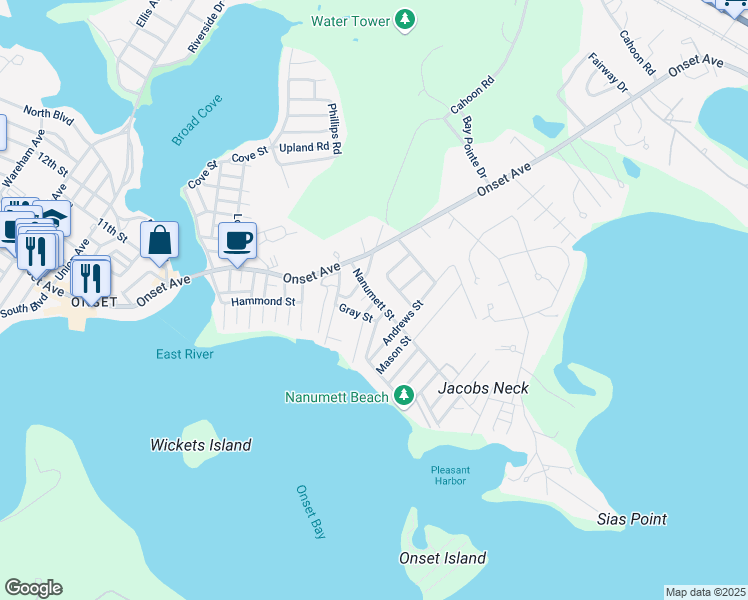 map of restaurants, bars, coffee shops, grocery stores, and more near 1 Cross Street in Wareham