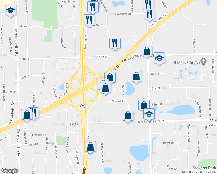 map of restaurants, bars, coffee shops, grocery stores, and more near 231 South Frontage Road in Burr Ridge