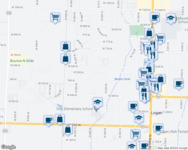 map of restaurants, bars, coffee shops, grocery stores, and more near 380 West 550 North in Logan