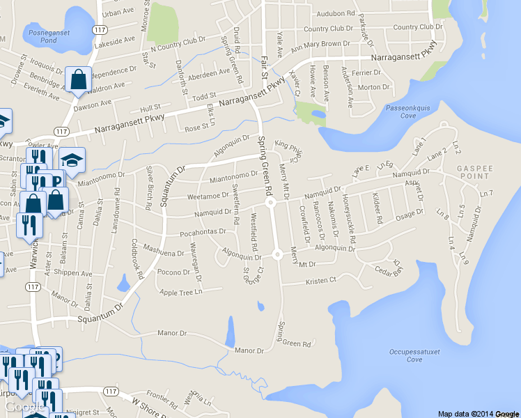 map of restaurants, bars, coffee shops, grocery stores, and more near 608 Namquid Drive in Warwick