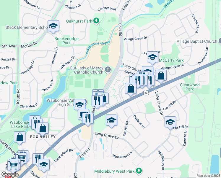 map of restaurants, bars, coffee shops, grocery stores, and more near 710 South Eola Road in Aurora