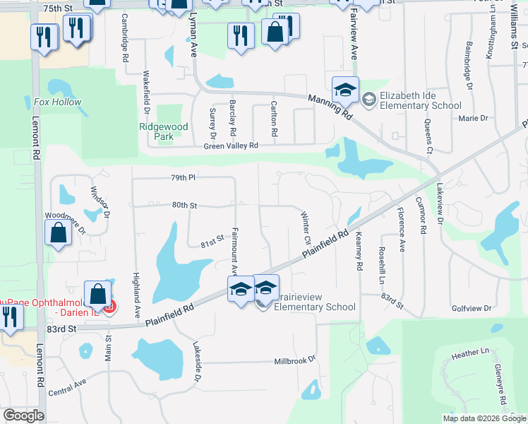 map of restaurants, bars, coffee shops, grocery stores, and more near 19W231 80th Street in Downers Grove