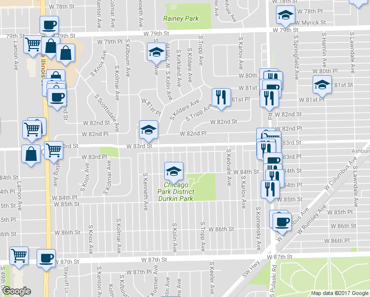 map of restaurants, bars, coffee shops, grocery stores, and more near 4301 West 83rd Street in Chicago