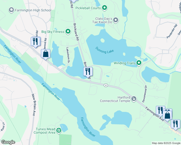 map of restaurants, bars, coffee shops, grocery stores, and more near 17 Brickyard Road in Farmington