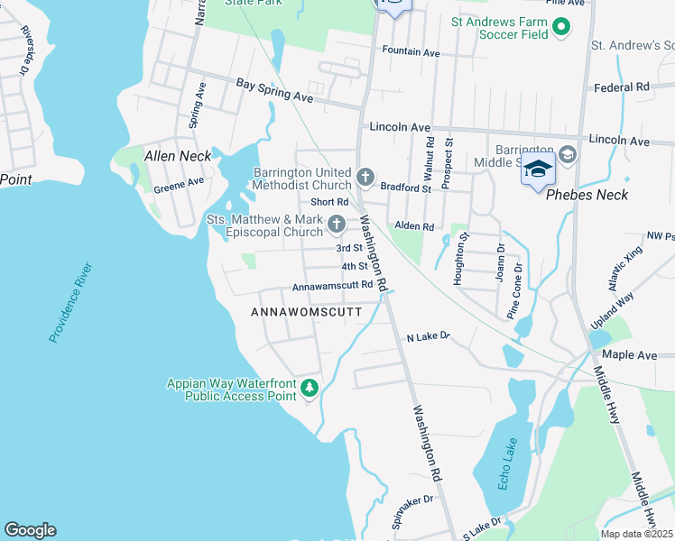 map of restaurants, bars, coffee shops, grocery stores, and more near 25 Chapel Road in Barrington
