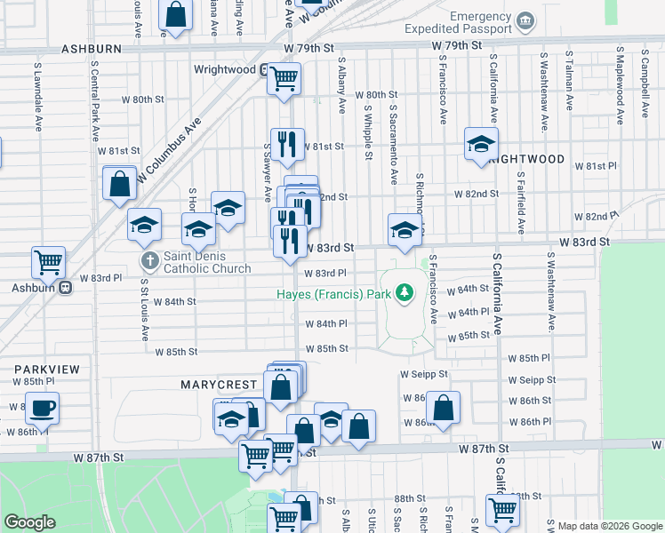 map of restaurants, bars, coffee shops, grocery stores, and more near 3126 West 83rd Place in Chicago