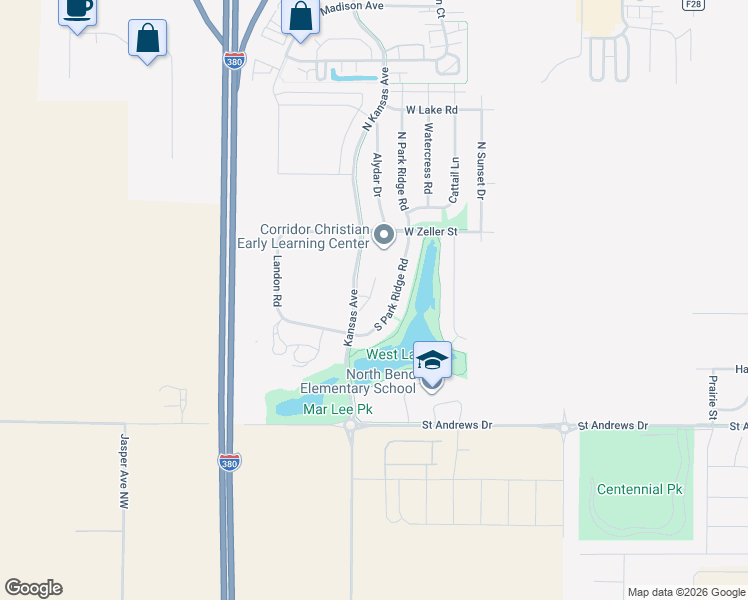 map of restaurants, bars, coffee shops, grocery stores, and more near 140 War Admiral Lane in North Liberty