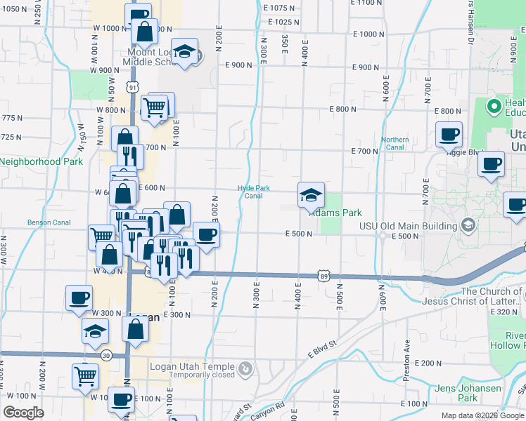 map of restaurants, bars, coffee shops, grocery stores, and more near 556 North 300 East in Logan