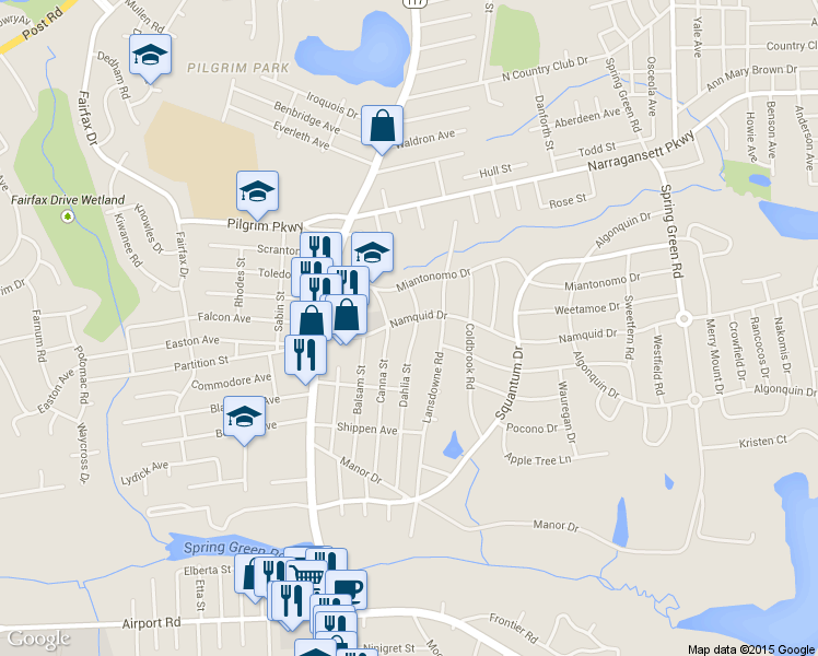 map of restaurants, bars, coffee shops, grocery stores, and more near 5 Dahlia Street in Warwick