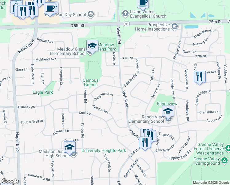 map of restaurants, bars, coffee shops, grocery stores, and more near 1401 Creighton Avenue in Naperville