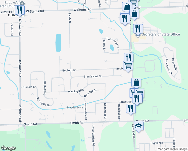 map of restaurants, bars, coffee shops, grocery stores, and more near 1300 Brandywine Street in Temperance