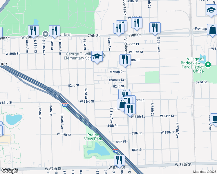 map of restaurants, bars, coffee shops, grocery stores, and more near 8160 Daniel Drive in Justice
