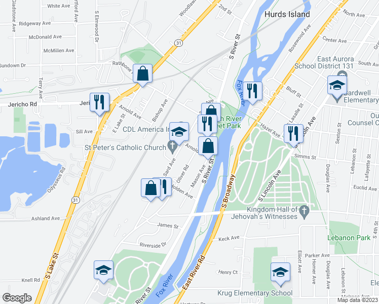 map of restaurants, bars, coffee shops, grocery stores, and more near 907 Oliver Avenue in Aurora