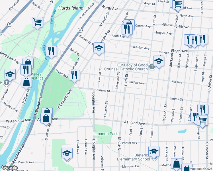 map of restaurants, bars, coffee shops, grocery stores, and more near 725 Lebanon Street in Aurora