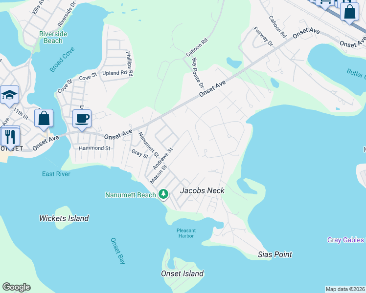 map of restaurants, bars, coffee shops, grocery stores, and more near 24 Mason Street Extension in Wareham