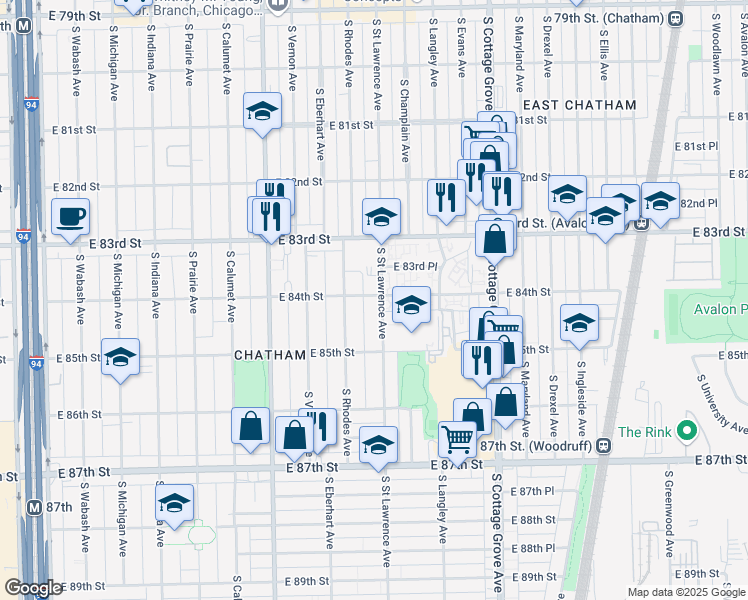 map of restaurants, bars, coffee shops, grocery stores, and more near 8400 South Saint Lawrence Avenue in Chicago
