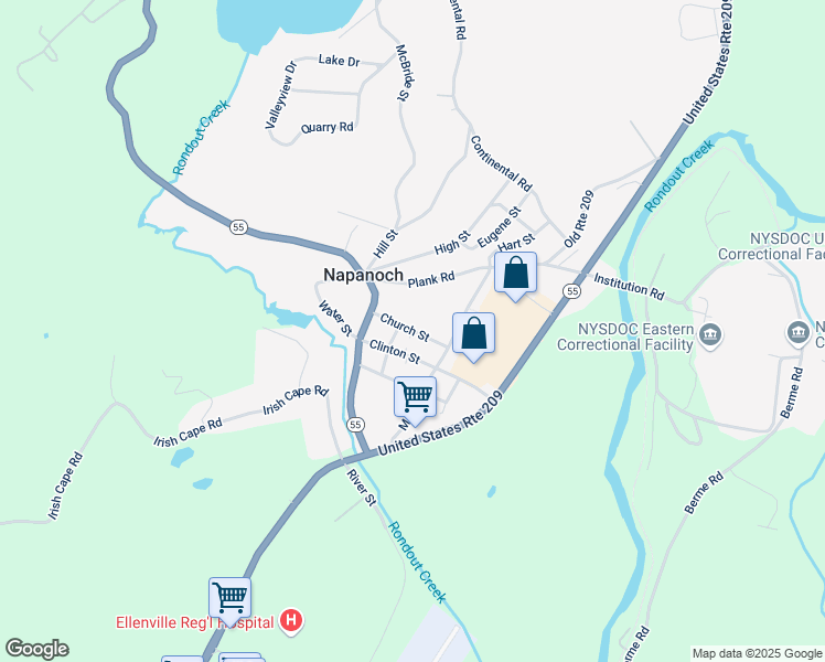 map of restaurants, bars, coffee shops, grocery stores, and more near Church Street in Napanoch
