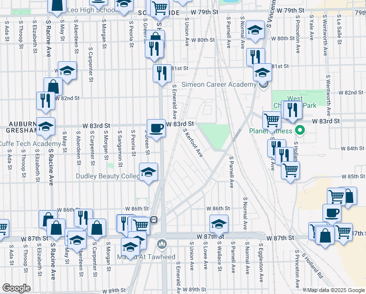 map of restaurants, bars, coffee shops, grocery stores, and more near 8363 South Lowe Avenue in Chicago