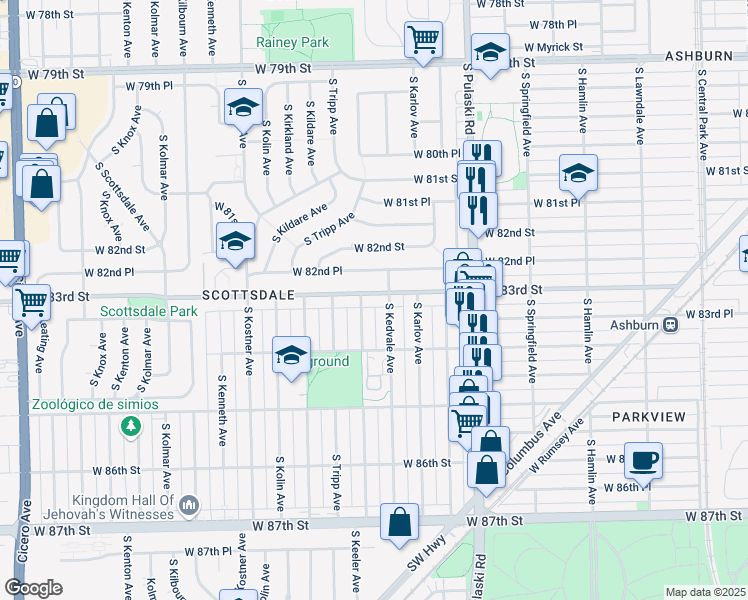 map of restaurants, bars, coffee shops, grocery stores, and more near 4149 West 83rd Street in Chicago