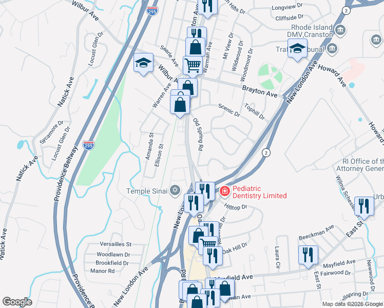map of restaurants, bars, coffee shops, grocery stores, and more near 1052 Oaklawn Avenue in Cranston