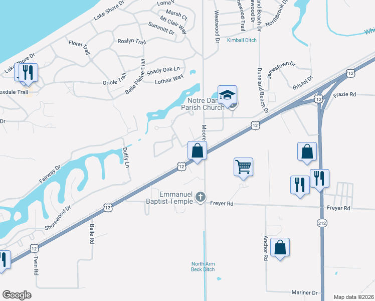 map of restaurants, bars, coffee shops, grocery stores, and more near 100-598 Birch Tree Lane in Michigan City