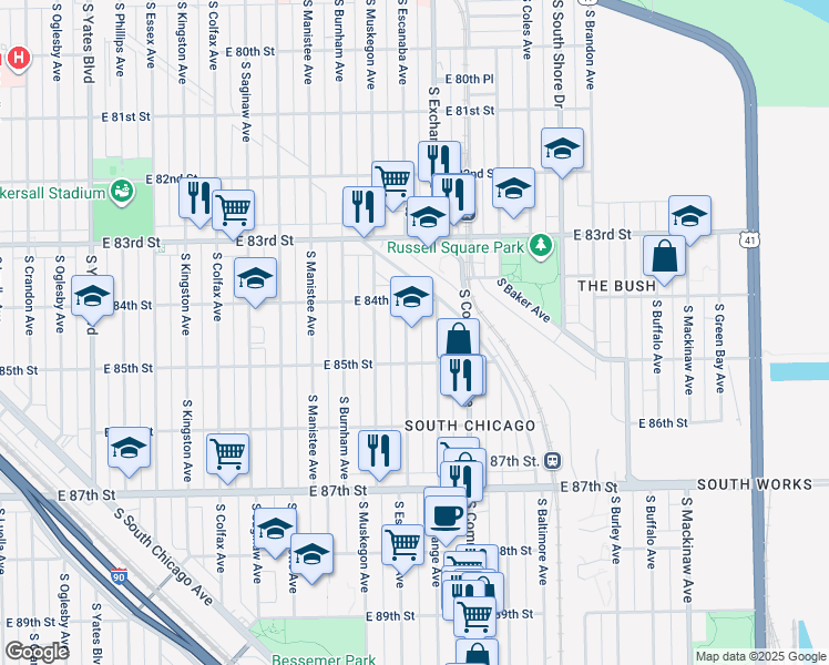 map of restaurants, bars, coffee shops, grocery stores, and more near 8425 South Escanaba Avenue in Chicago