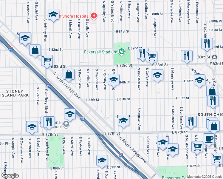 map of restaurants, bars, coffee shops, grocery stores, and more near 8421 South Oglesby Avenue in Chicago
