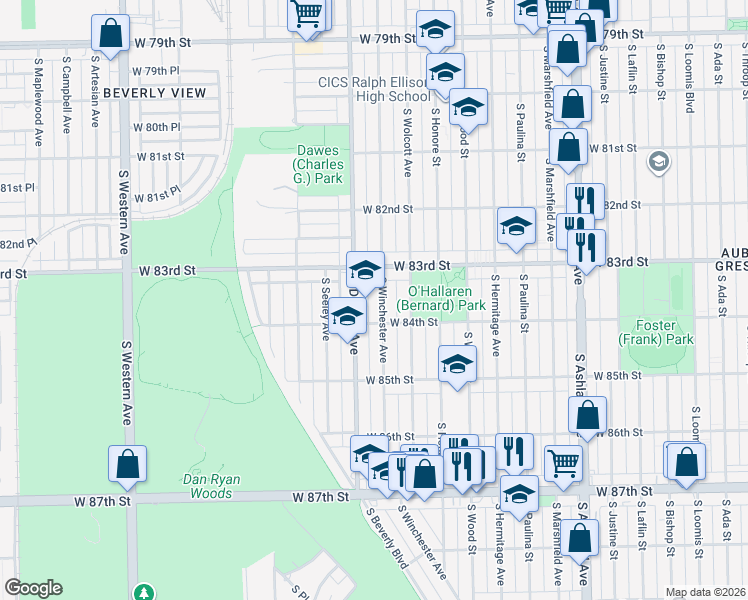 map of restaurants, bars, coffee shops, grocery stores, and more near 8330 South Winchester Avenue in Chicago