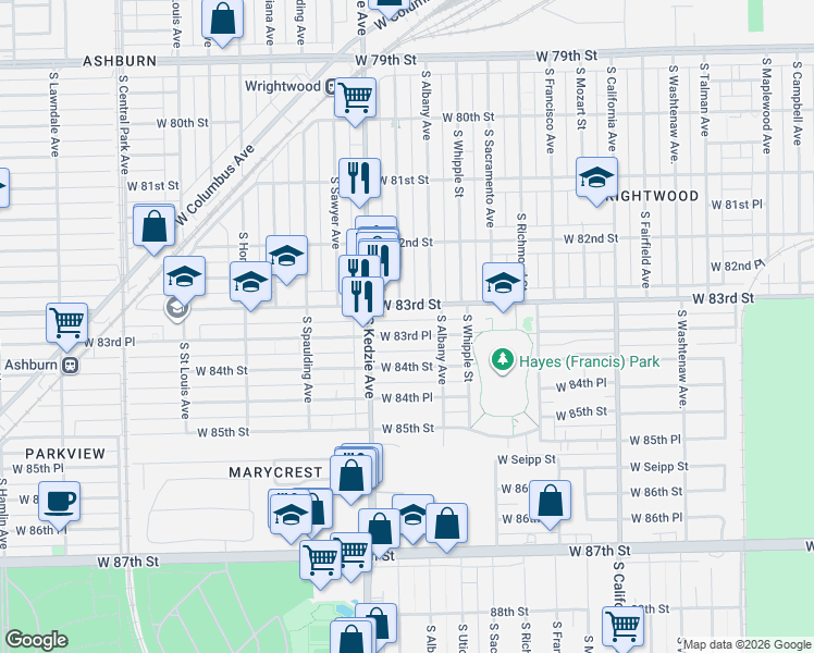 map of restaurants, bars, coffee shops, grocery stores, and more near 3126 West 83rd Place in Chicago