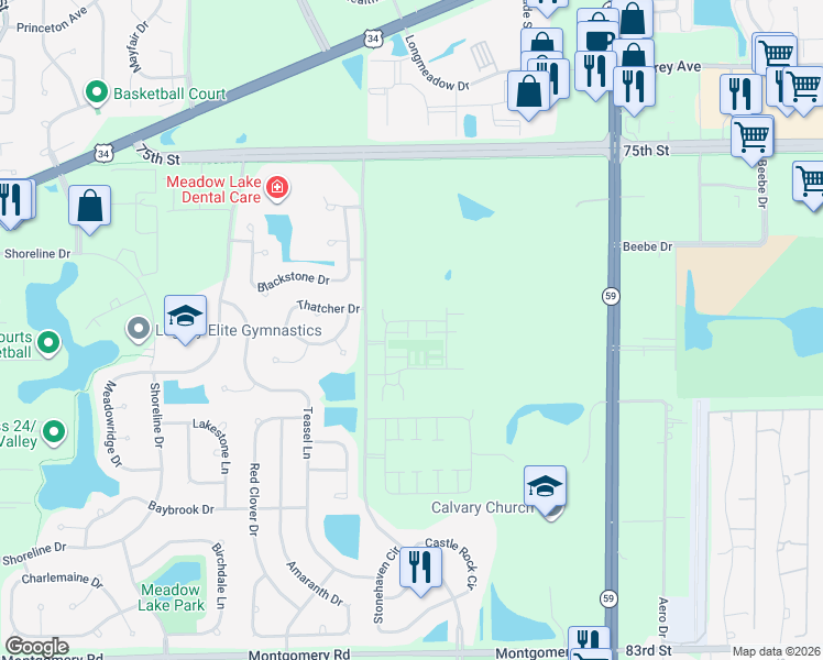 map of restaurants, bars, coffee shops, grocery stores, and more near 4211 Calder Lane in Aurora