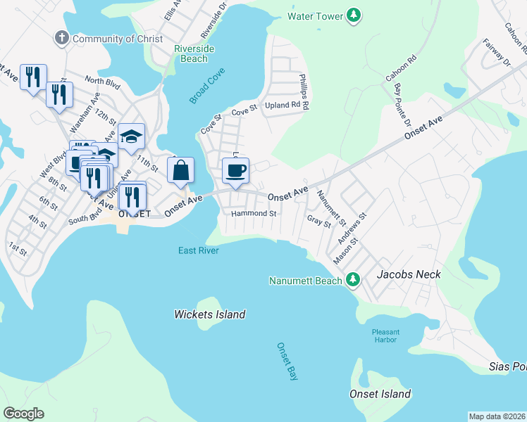 map of restaurants, bars, coffee shops, grocery stores, and more near 26 Hammond Street in Wareham