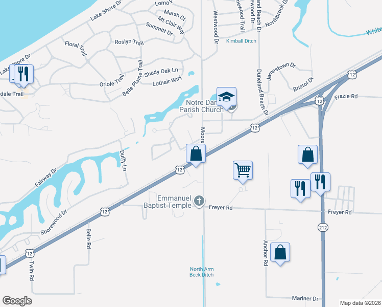 map of restaurants, bars, coffee shops, grocery stores, and more near 100-598 Birch Tree Lane in Michigan City