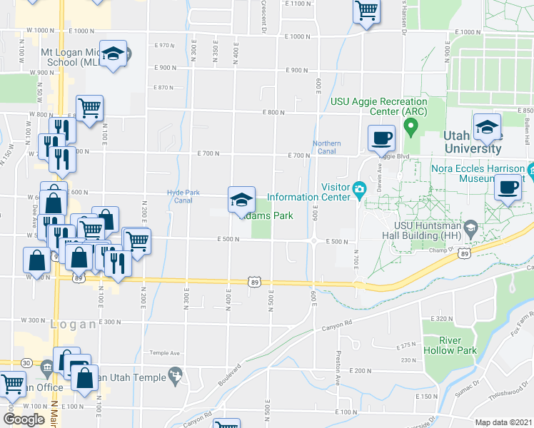 map of restaurants, bars, coffee shops, grocery stores, and more near 455 East 500 North in Logan