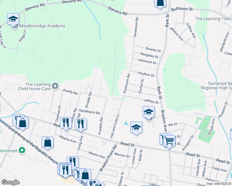 map of restaurants, bars, coffee shops, grocery stores, and more near 24 Ferncroft Road in Somerset